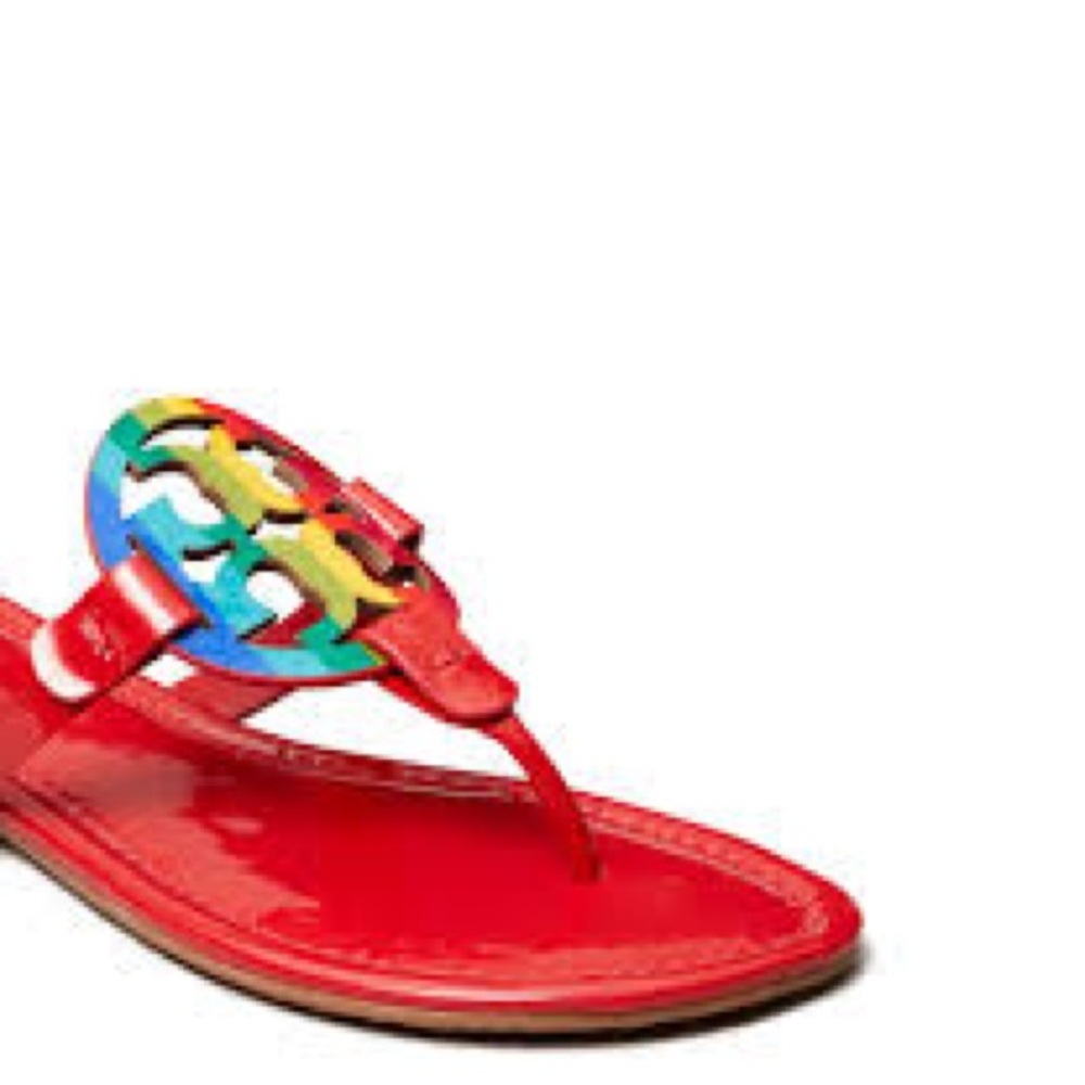 Tory Burch Miller Sandals Rainbow Logo Ruby Red Size 7.5 Limited Edition - Picture 3 of 8